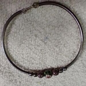 Pink flower 🌸 cloisonne purple green bead silvertone bracelet